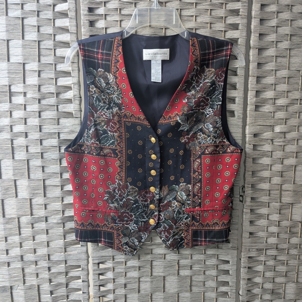 Vtg 90s Vest Multicolor Floral Paisley Tapestry Patchwork Gold Button Front 10P